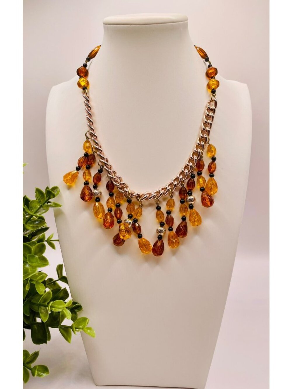 Vintage 1950's-60's Western Germany Amber & Gold Acrylic Beaded Necklace -72B